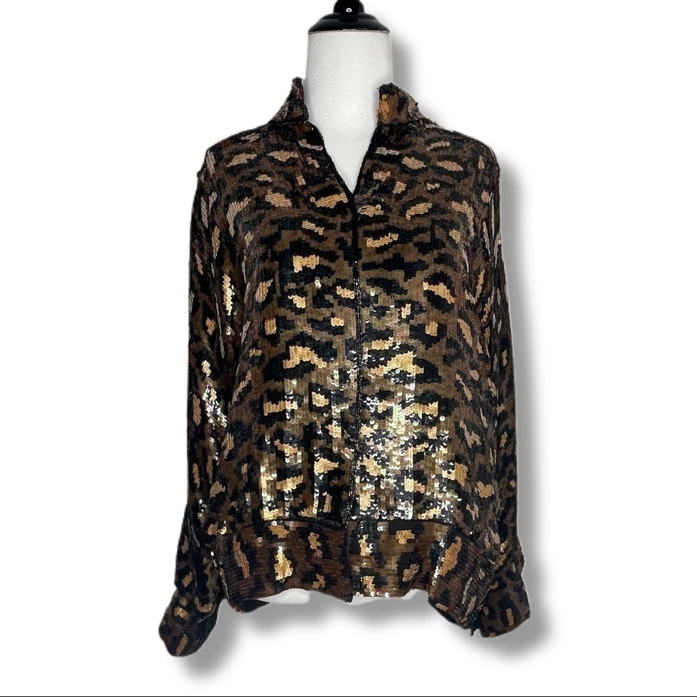 𝅺VINTAGE Fully Sequined Leopard Print Bomber Jacket - Picture 2 of 10
